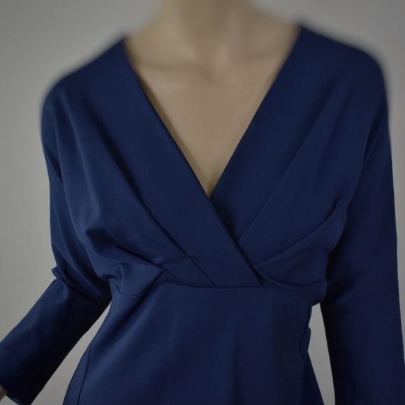 PIAZZA SEMPIONE Blue Ponte Knit Surplice Slim Sheath Midi Dress Size IT. 40 - Picture 11 of 11